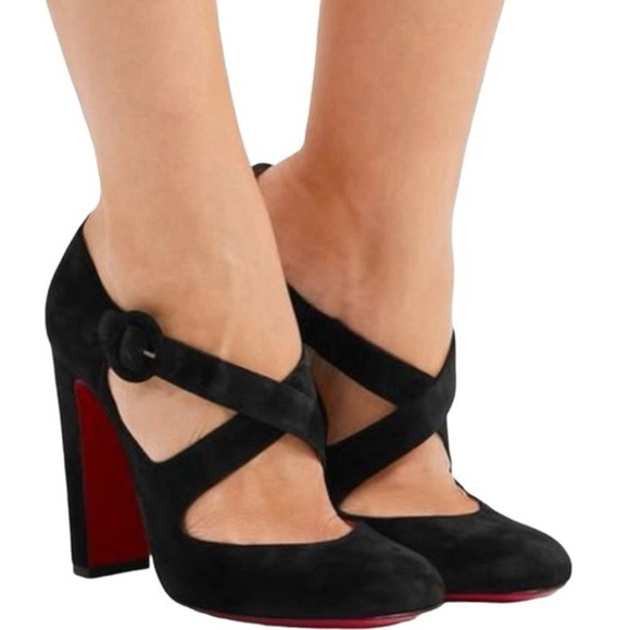 Christian Louboutin Miss Ellen 100 Black Suede Buckle Strap Block Heels EU 40 - Picture 1 of 9